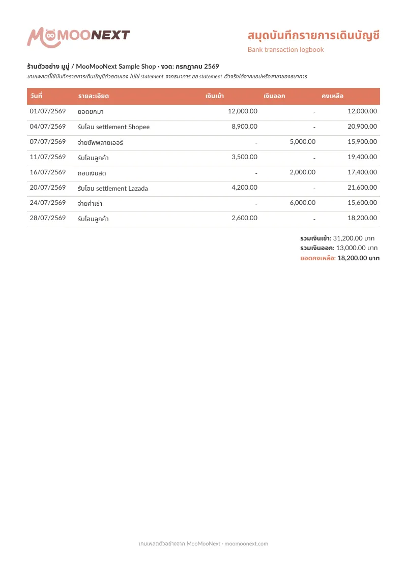 เทมเพลตสเตทเม้น / สมุดบันทึกรายการเดินบัญชี (Excel)